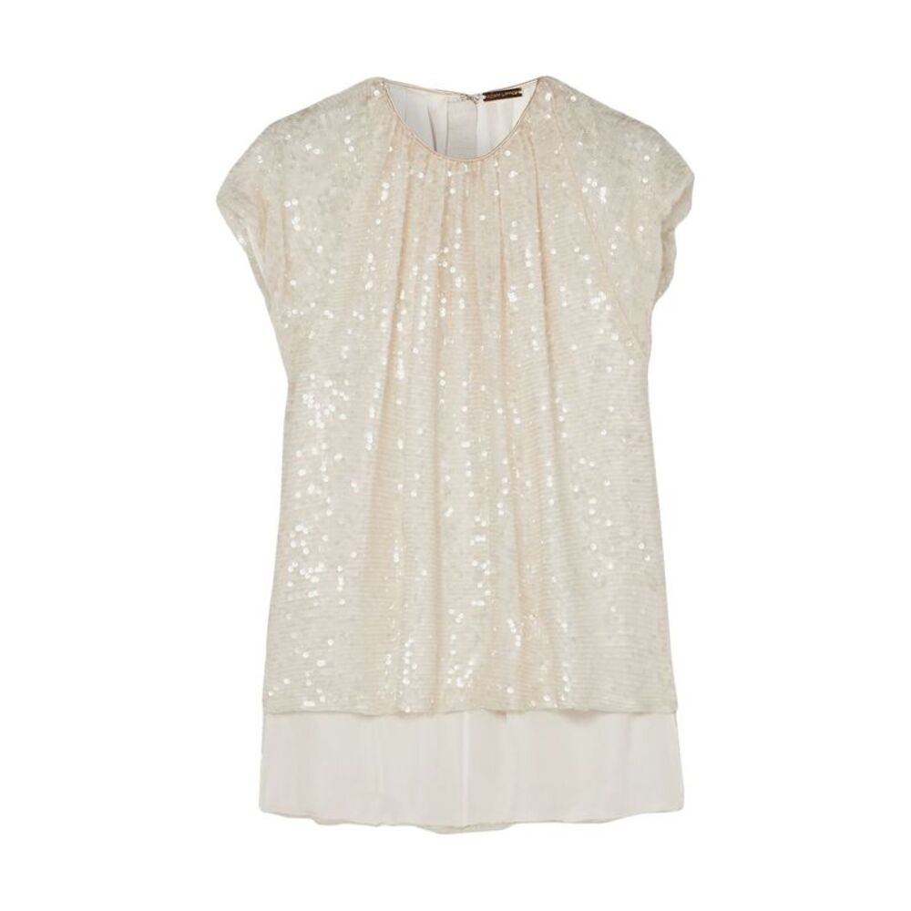Adam Lippes Womens Beige Sequined Short Sleeve Jewel Neck Top Size: 0